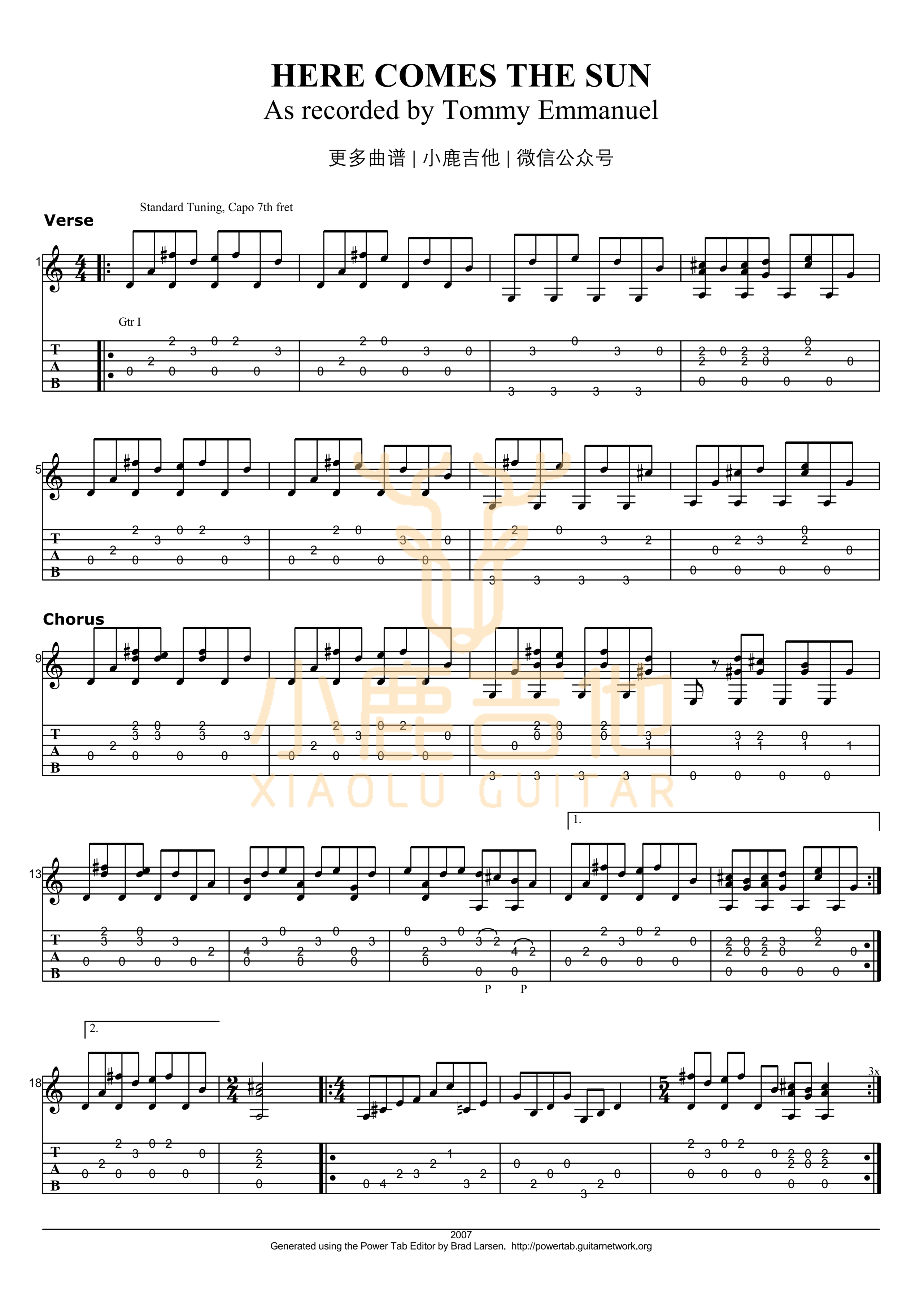 Here Comes The Sun-Tommy Emmanuel指弹吉他谱_小鹿吉他