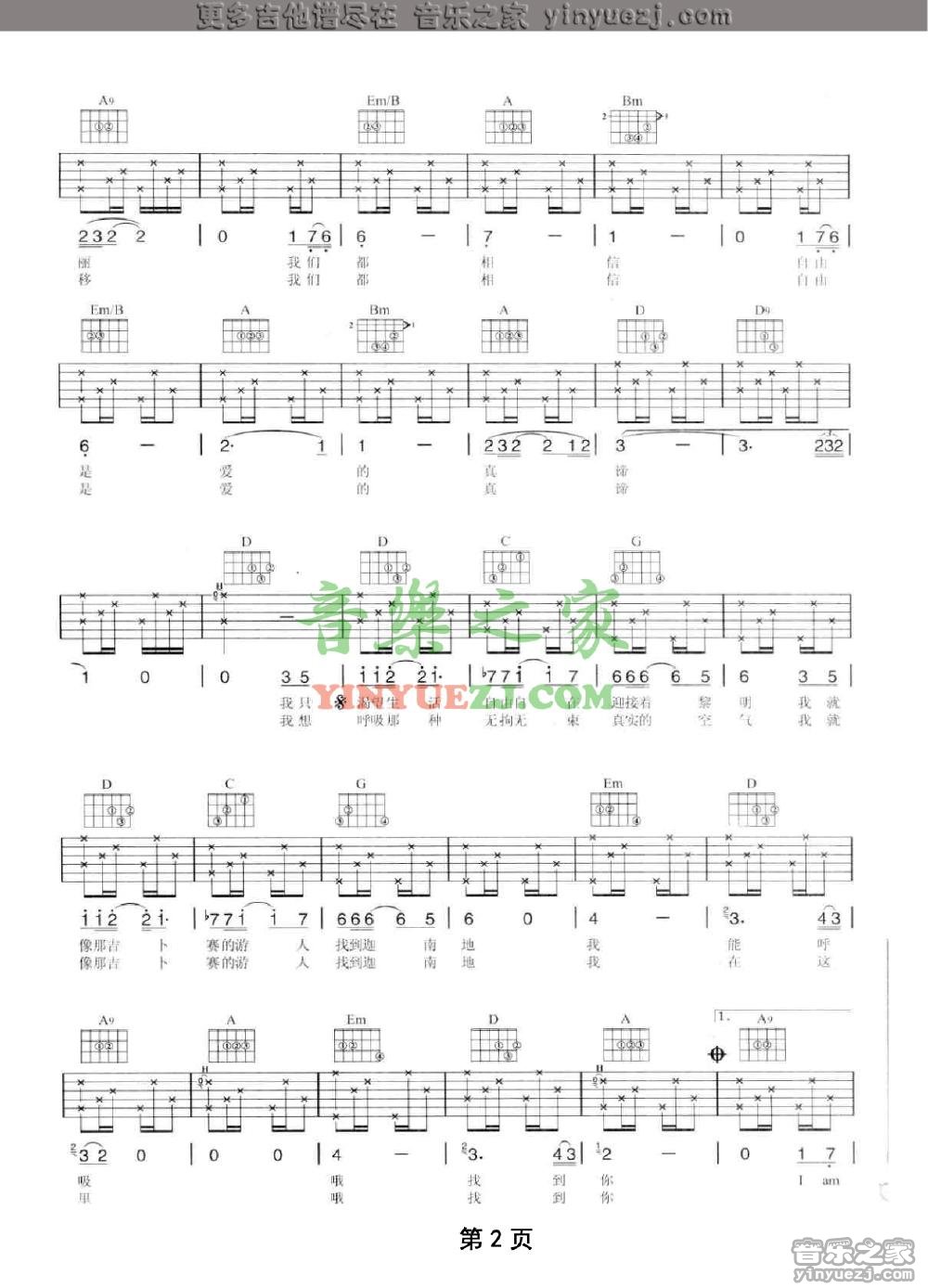 Free吉他谱 D调六线谱_音乐之家编配_陶喆