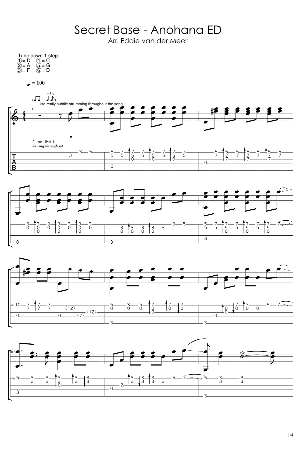 未闻花名指弹谱 D调六线谱_吉他吧编配_未闻花名