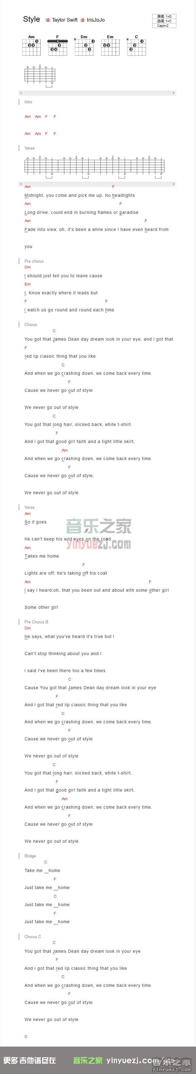 style吉他谱 C调和弦谱_音乐之家编配_taylor swift