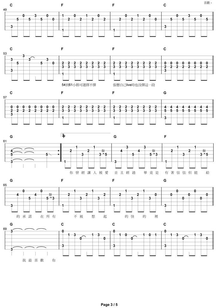 喜欢吉他谱 C调现场版_不休编配_张悬