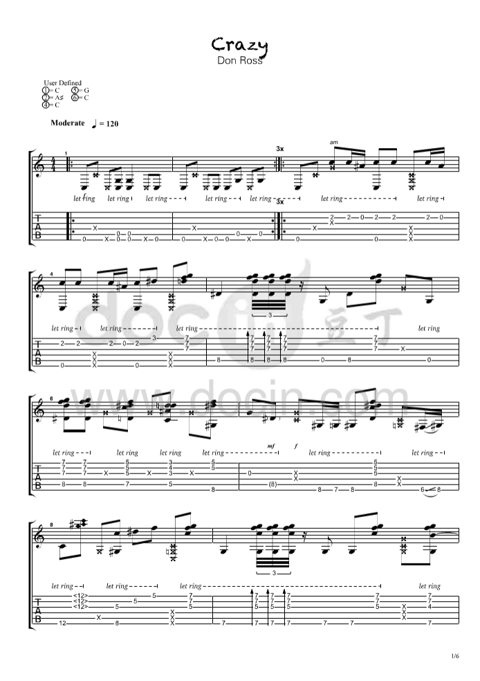 crazy指弹谱 C调六线谱_豆丁网编配_Don Ross