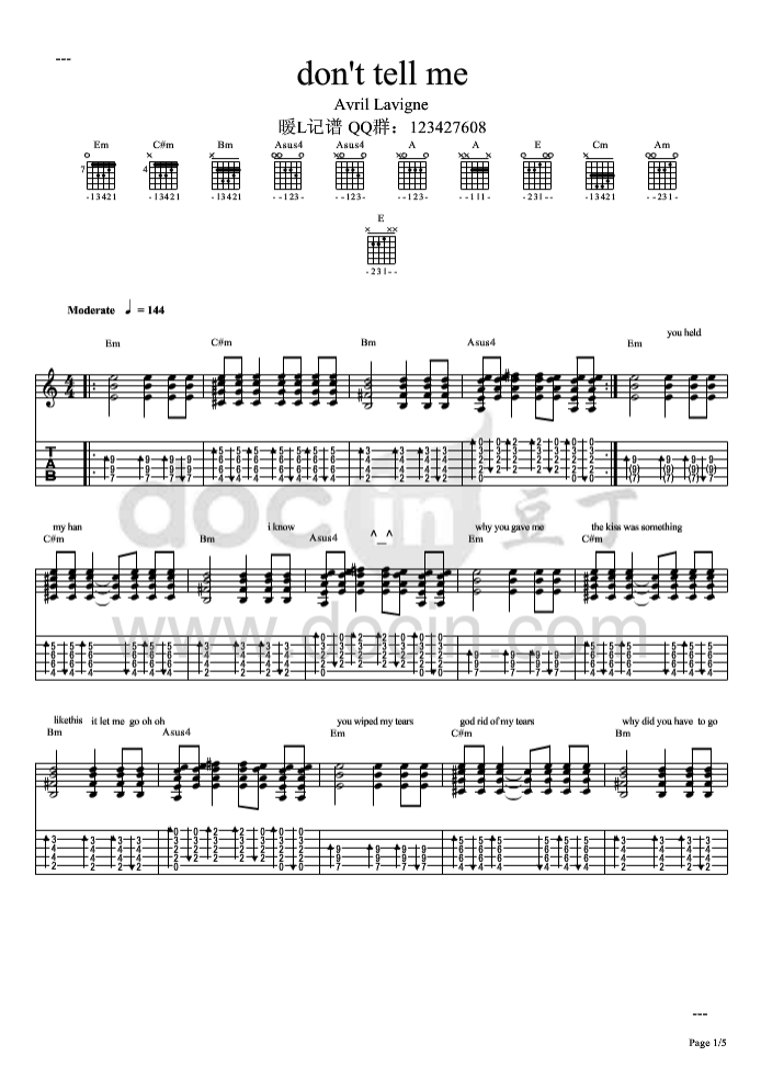 dont tell me指弹谱 原调六线谱_豆丁网编配_艾薇儿