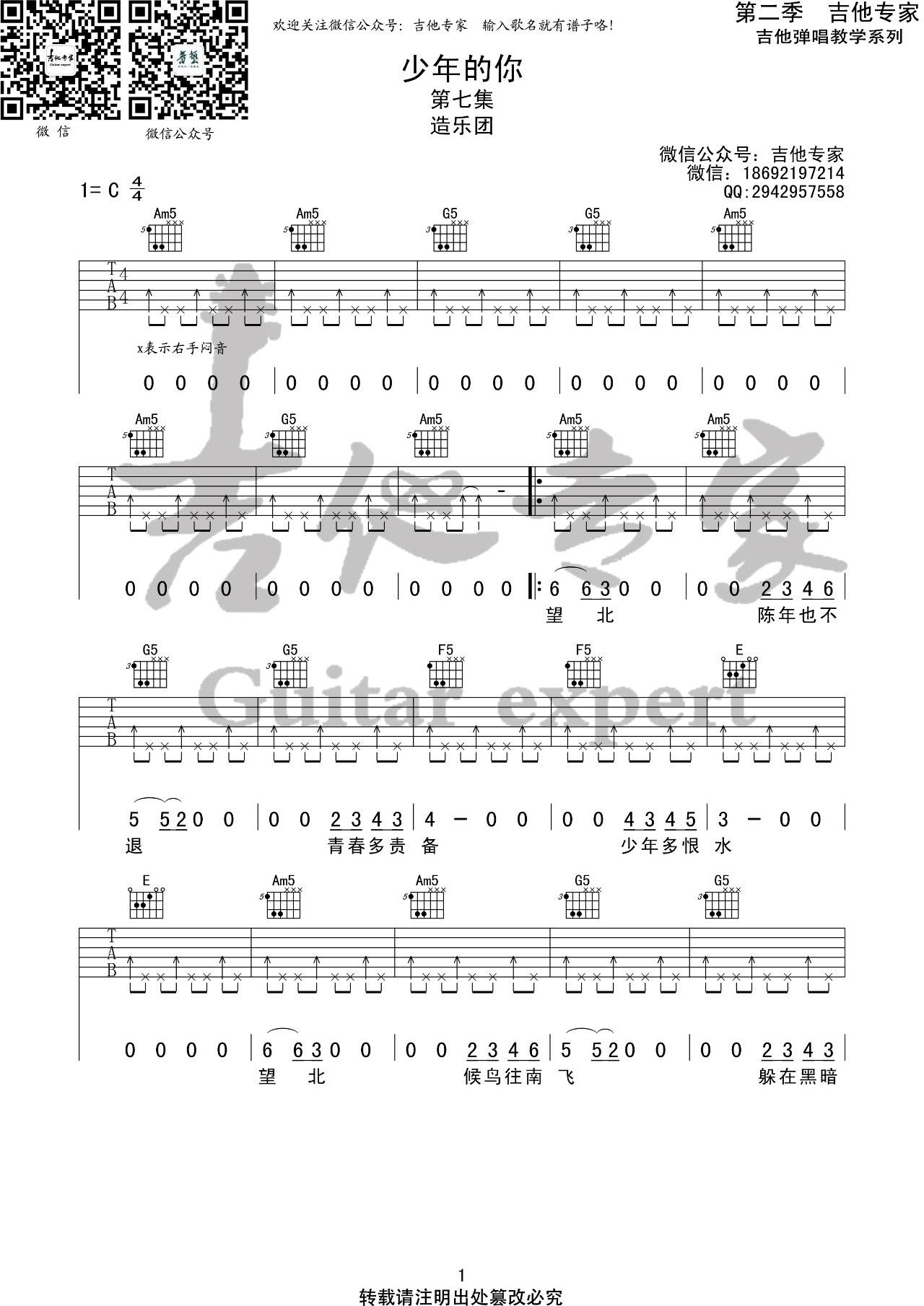 少年的你吉他谱 C调六线谱_吉他专家编配_造乐团