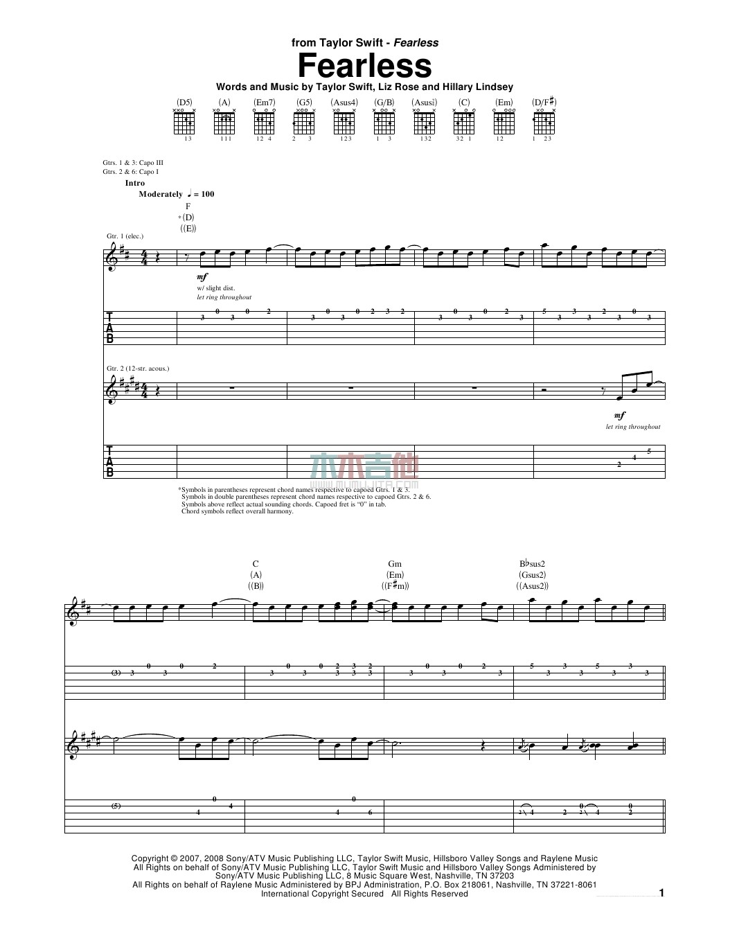 fearless吉他谱 A调女生版_木木吉他编配_Taylor Swift