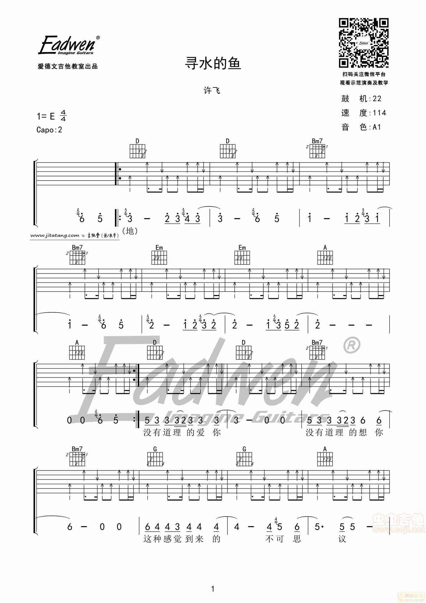 寻水的鱼吉他谱 E调_爱德文吉他编配_许飞