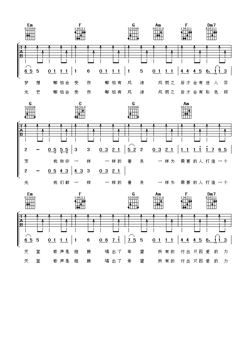 和你一样吉他谱 C调六线谱_阿潘音乐工场编配_李宇春