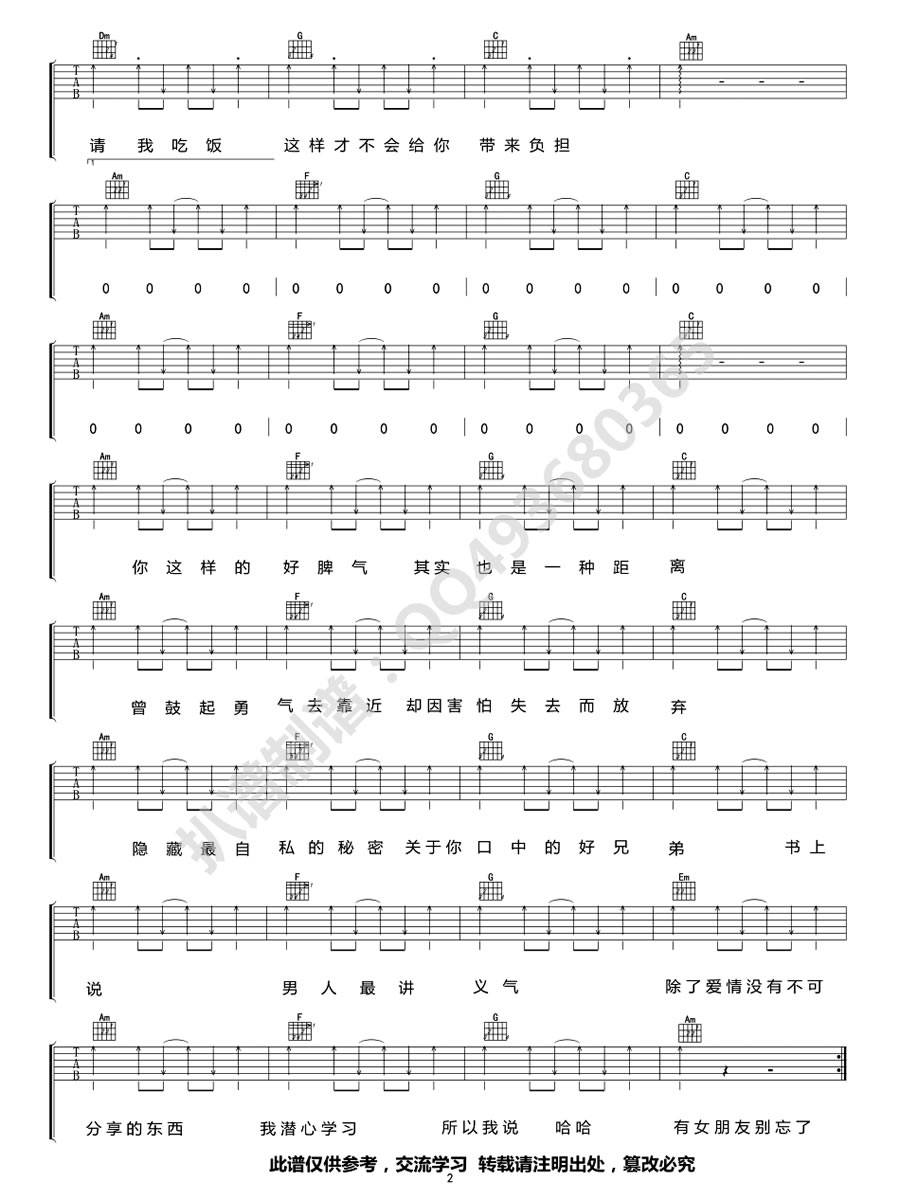 有女朋友别忘了请我吃饭吉他谱 C调简单版_阿肆