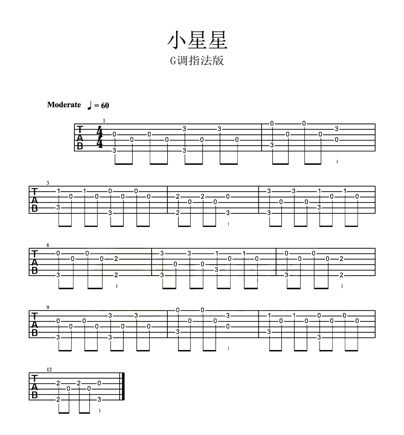 小星星指弹谱 G调简单版_初级旋律练习曲_儿歌