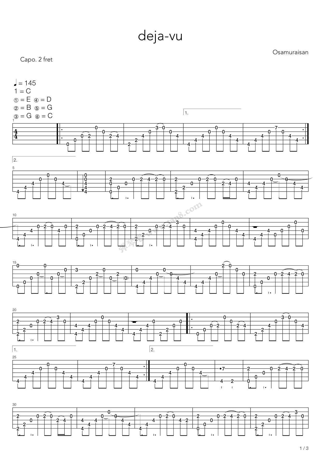 即视感指弹谱 C调简单版_弹琴吧编配_武士桑