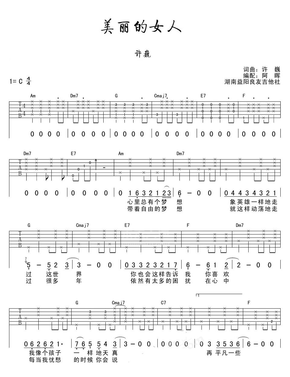 美丽的女人吉他谱 C调_阿晖编配_许巍