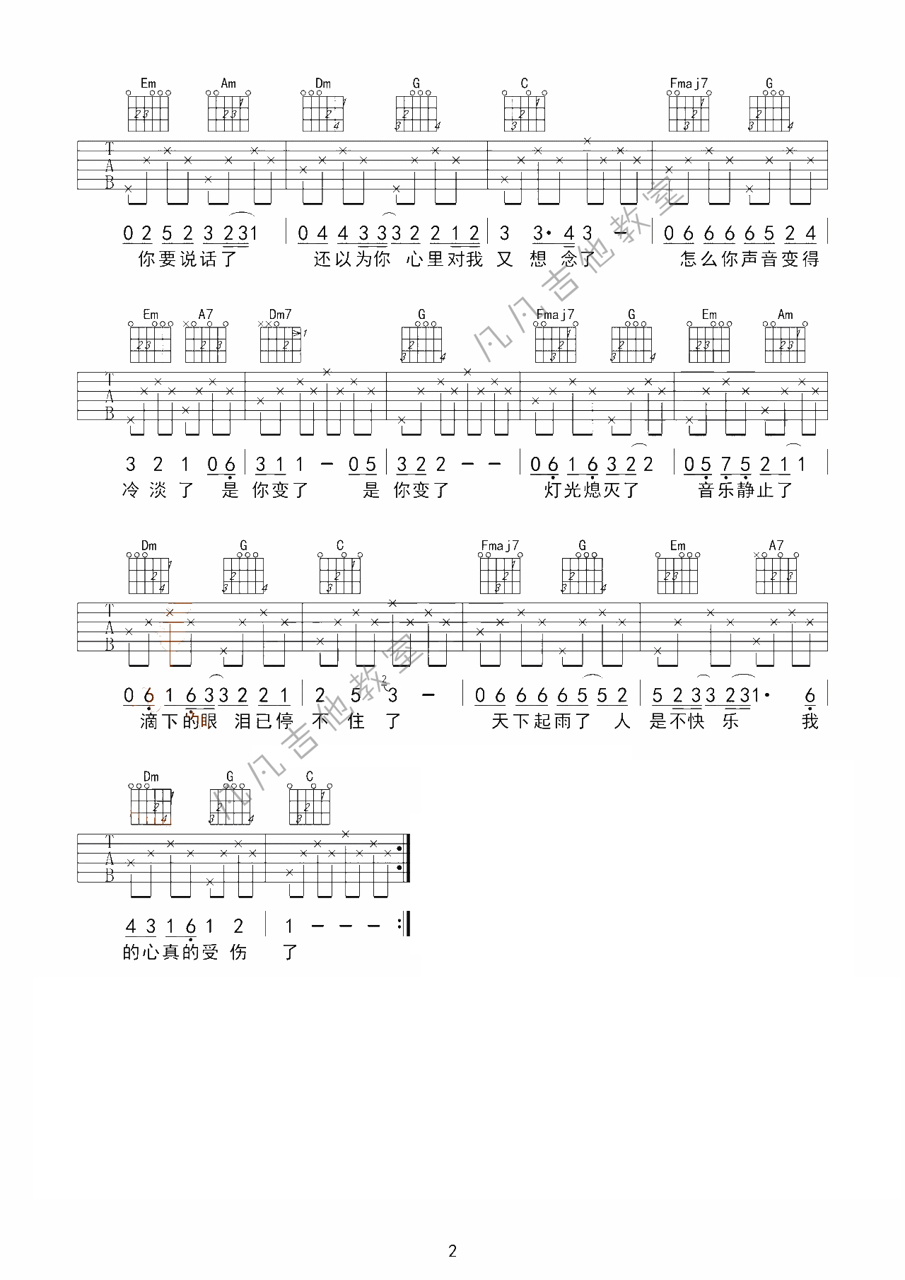 我真的受伤了吉他谱 G调简单版_凡凡吉他教室编配_张学友