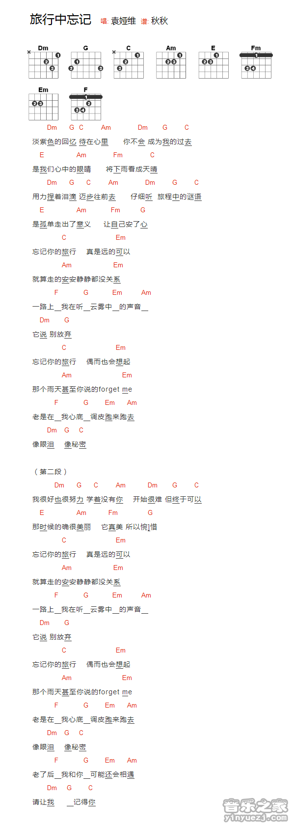 旅行中忘记吉他谱 C调和弦谱_音乐之家编配_袁维娅