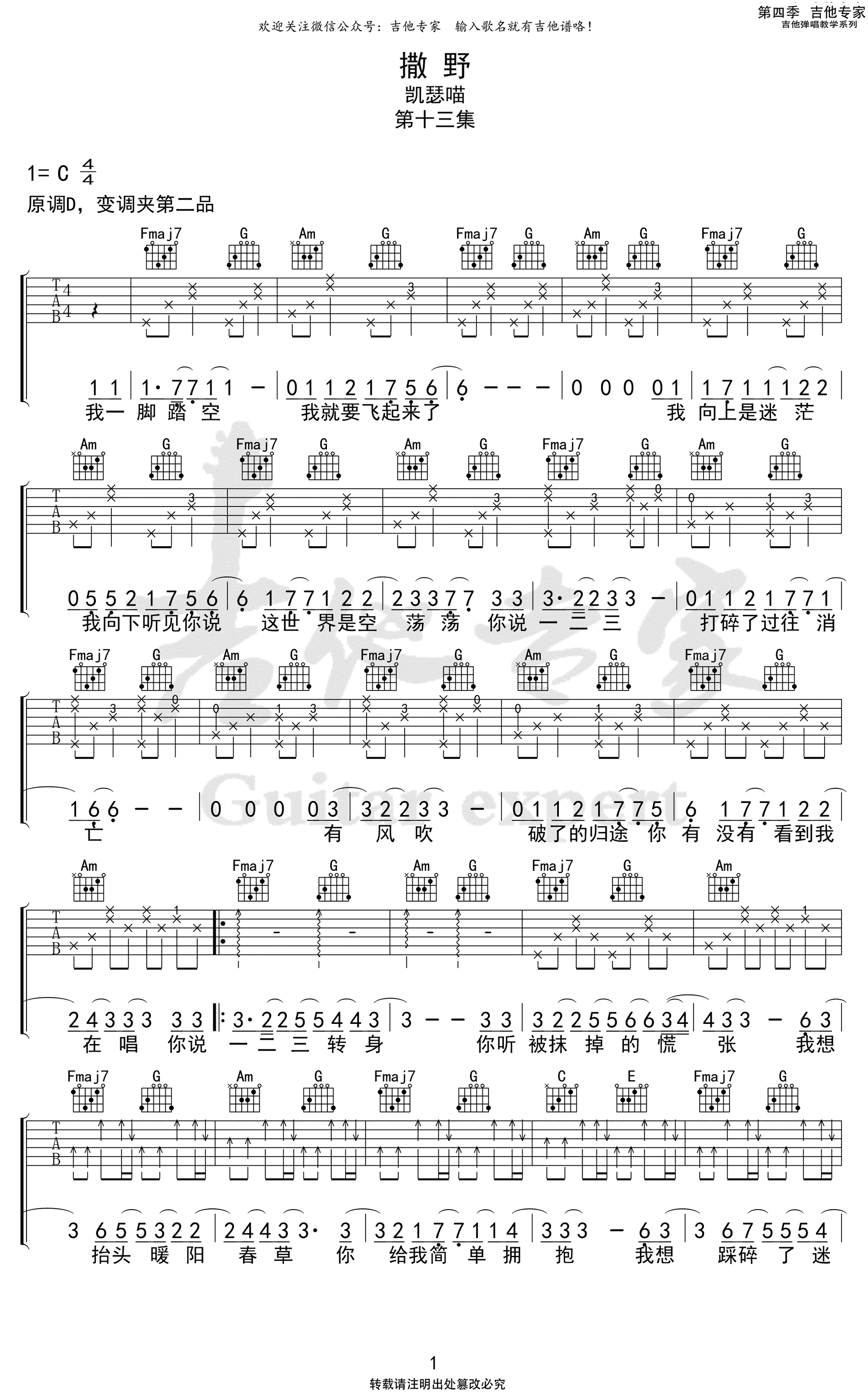 撒野吉他谱 C调弹唱谱_凯瑟喵_吉他专家制谱