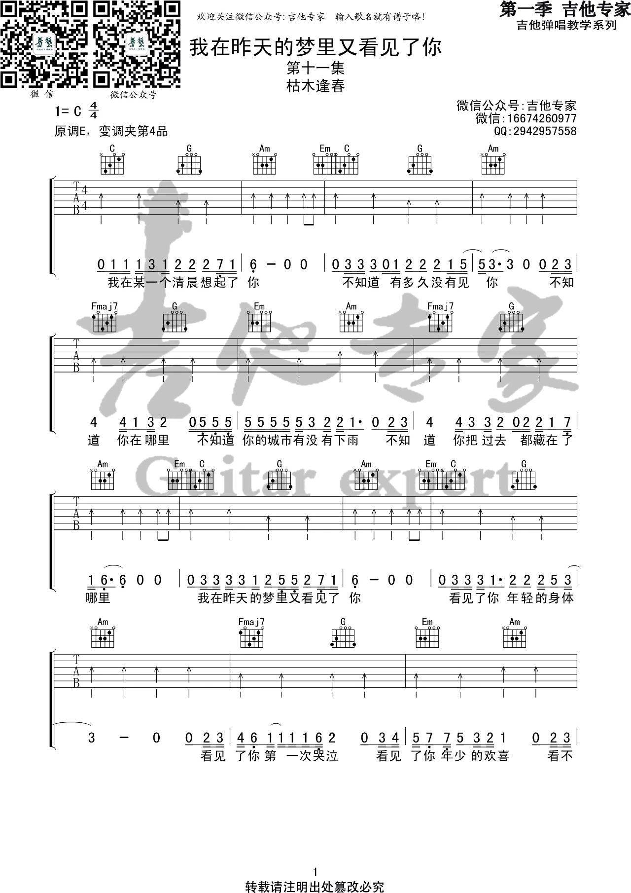 我在昨天的梦里又看见了你吉他谱 C调扫弦版_音艺吉他编配_枯木逢春