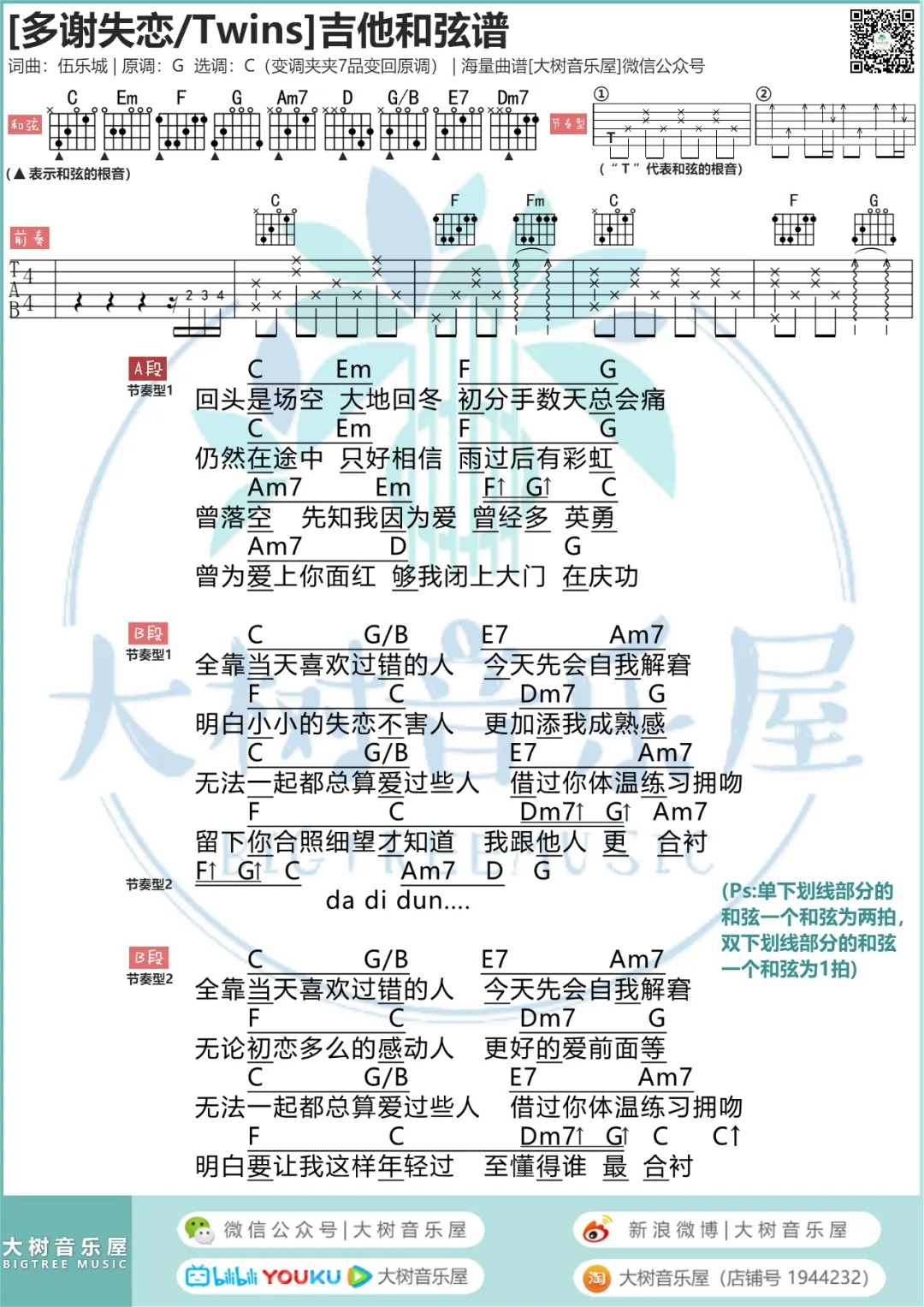 多谢失恋吉他谱 C调和弦谱_大树音乐屋编配_Twins