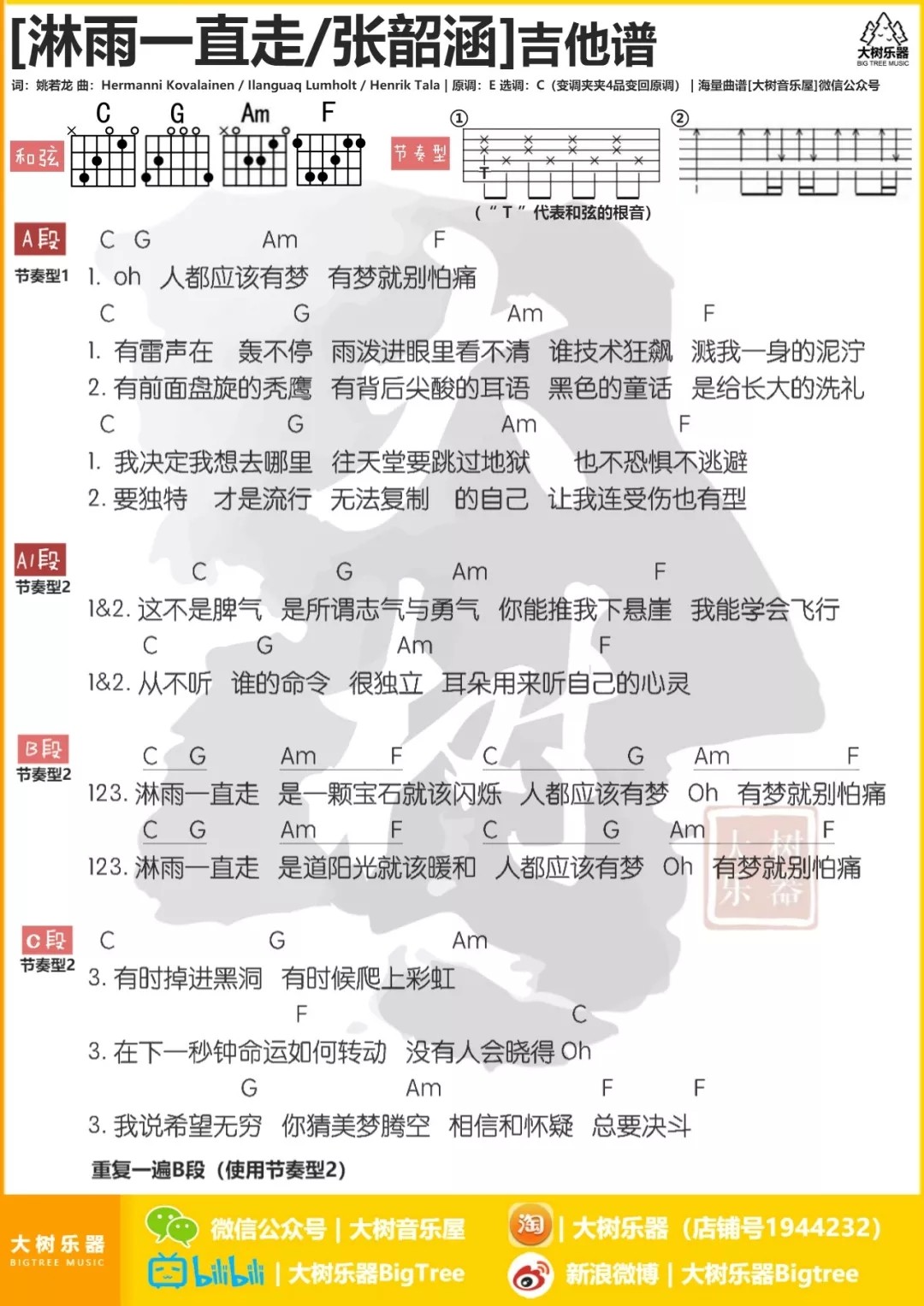 淋雨一直走吉他谱 C调和弦谱_大树音乐屋编配_张韶涵