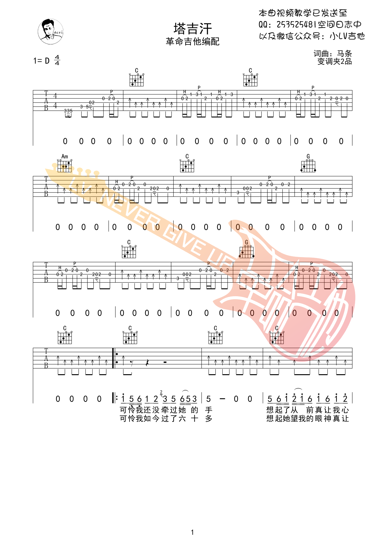塔吉汗吉他谱 D调附前奏_革命吉他编配_马条