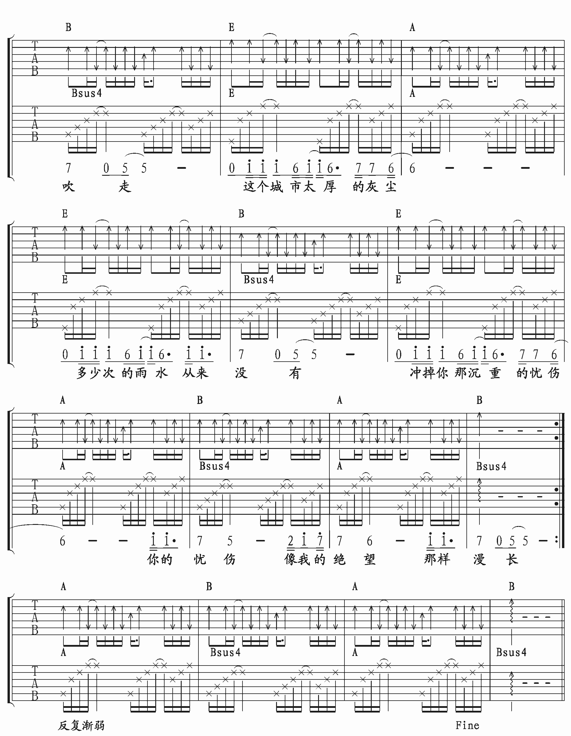 我思念的城市吉他谱 E调扫弦版_至尊宝吉他教室编配_许巍