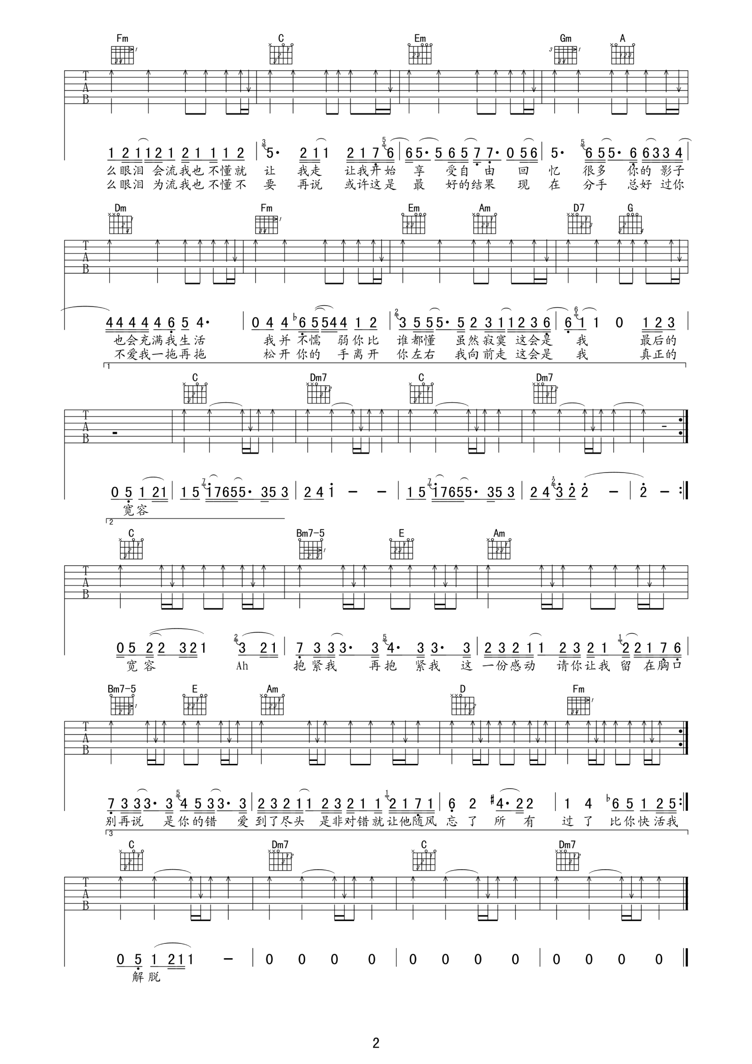 我不难过吉他谱 E调六线谱_女生版_孙燕姿