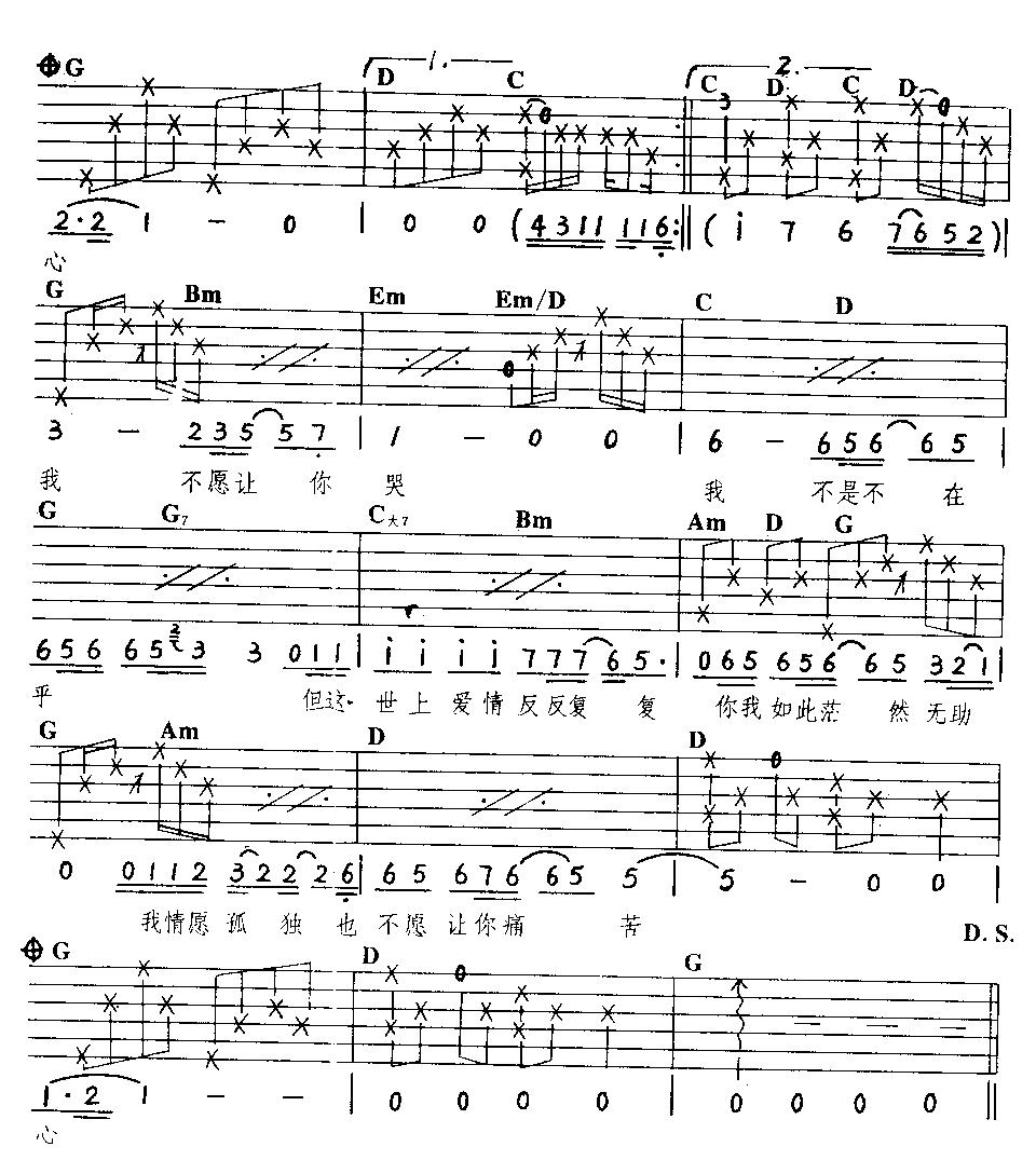 我会伤了你的心吉他谱 G调六线谱_简单版_梁朝伟