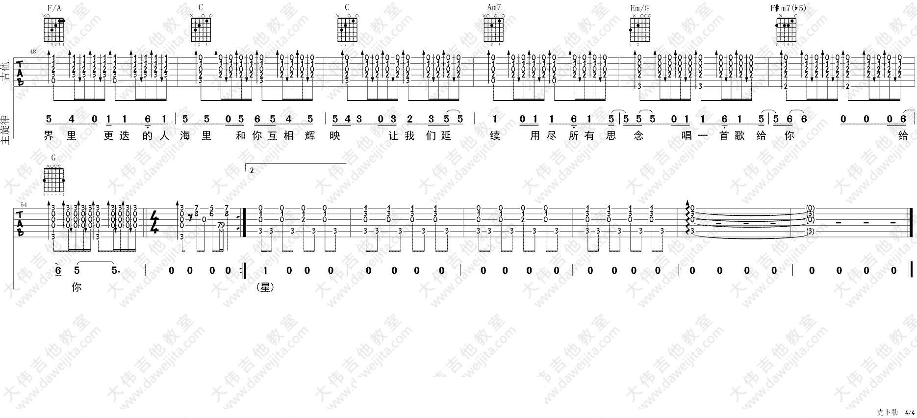 克卜勒吉他谱 C调附弹唱_大伟吉他教室编配_孙燕姿