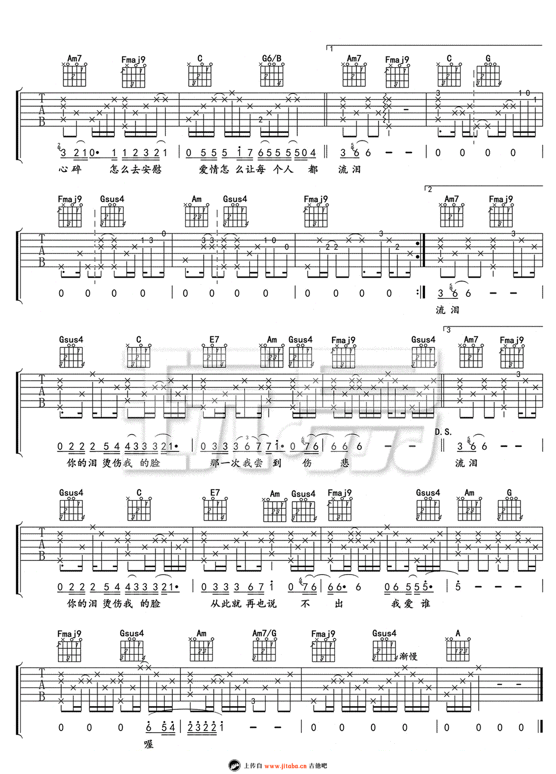 让每个人都心碎吉他谱 D调_玩易吉他编配_黄大炜