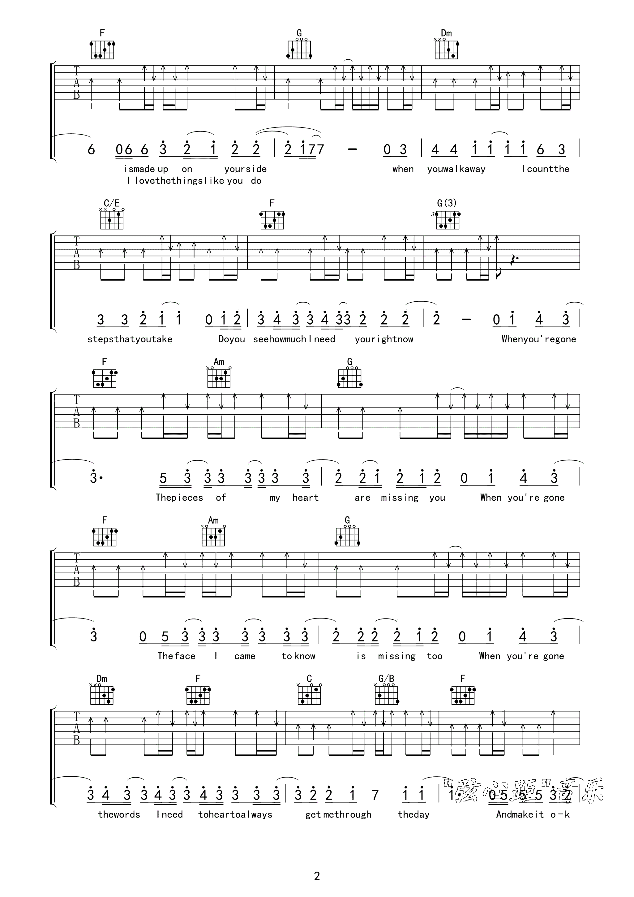 Avril When You are Gone吉他谱 C调精选版_弦心距编配_艾薇儿