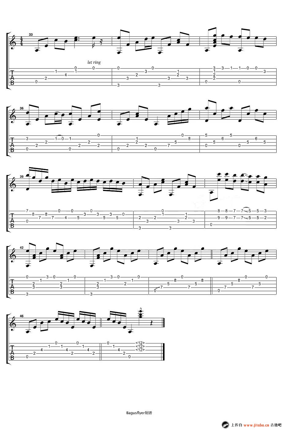 幽灵公主指弹谱 原调六线谱_动漫插曲_久石让