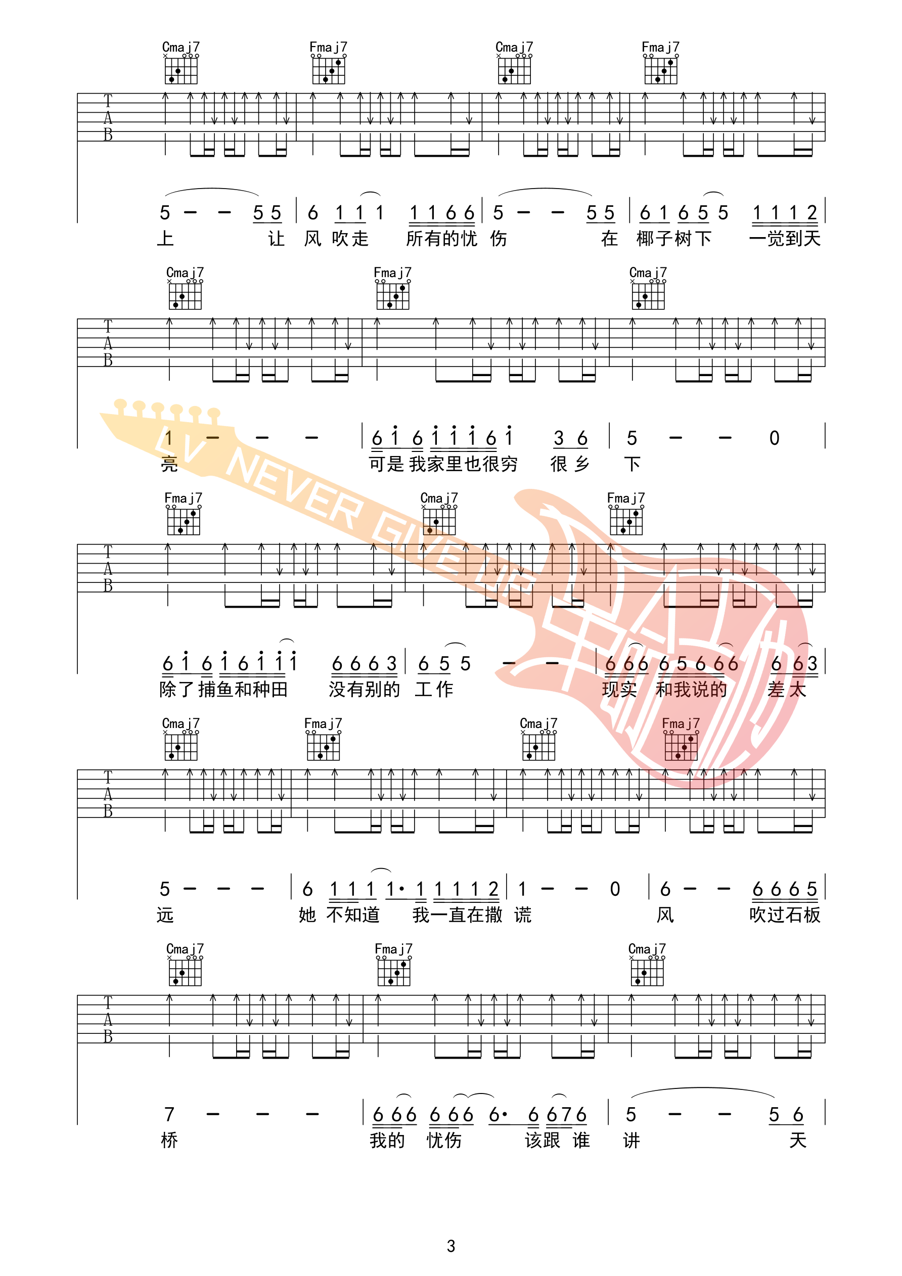 梦幻丽莎发廊吉他谱 C调扫弦版_革命吉他编配_五条人