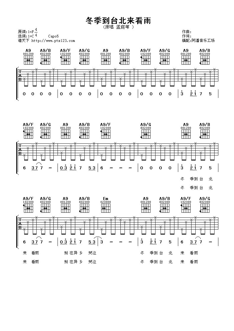 冬季来台北看雨吉他谱 C调简单版_阿潘音乐工场编配_孟庭苇