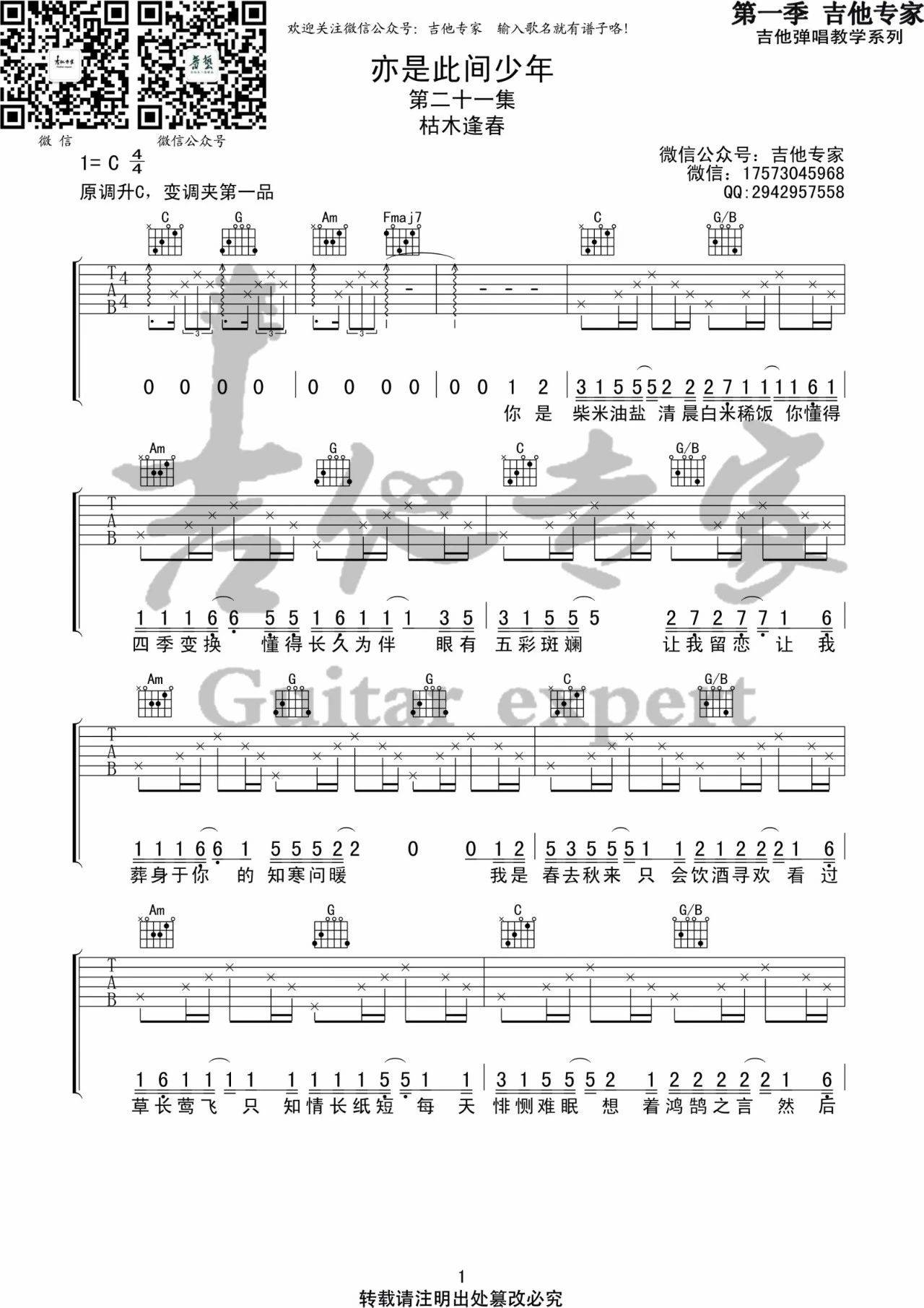 亦是此间少年吉他谱 C调高清版_吉他专家编配_枯木逢春