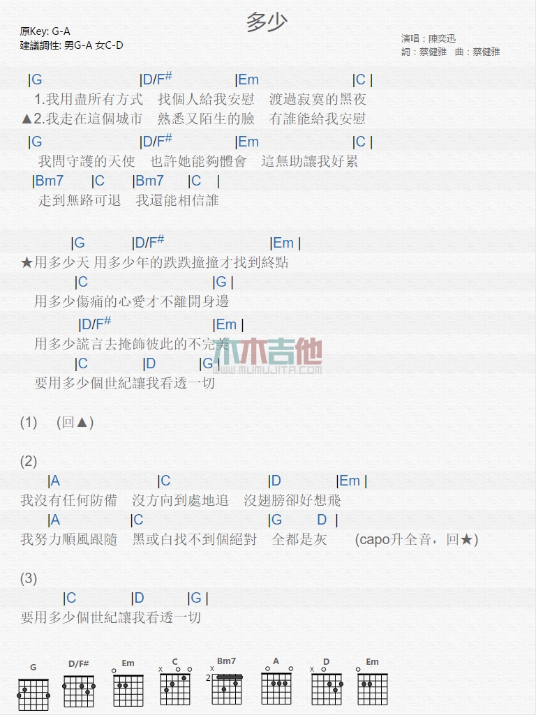 多少吉他谱 G调和弦谱_木木吉他编配_陈奕迅