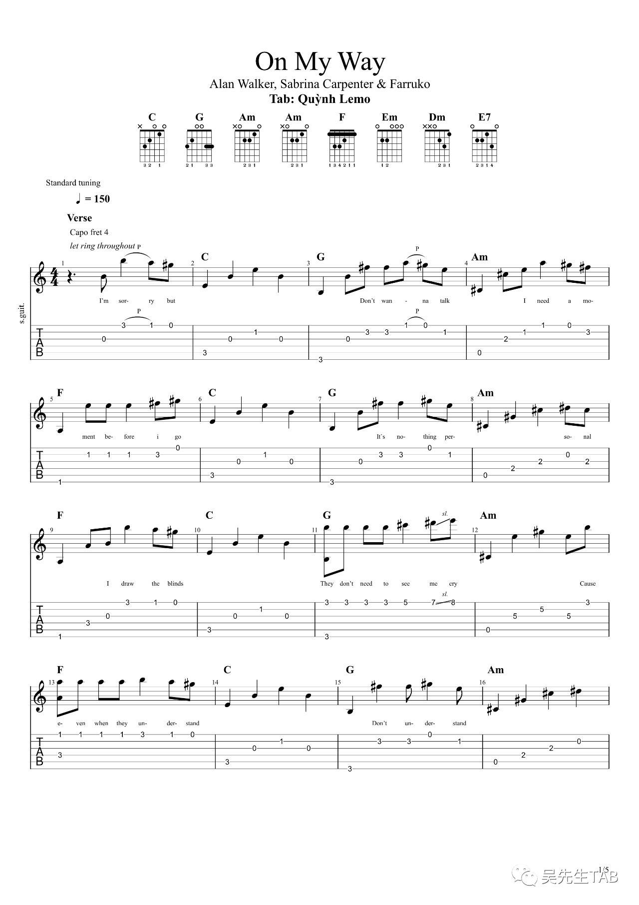 on the way吉他谱 C调高清版_吴先生编配_Alan Walker