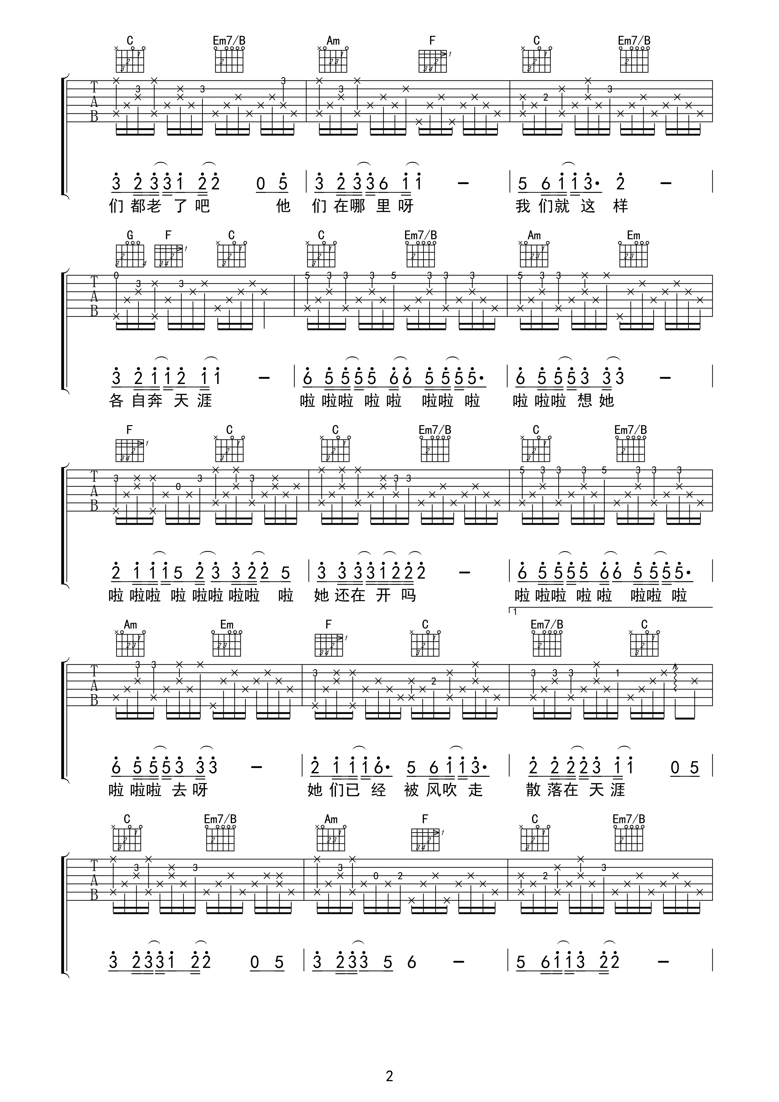 那些花儿吉他谱 C调六线谱_KZB编配_朴树