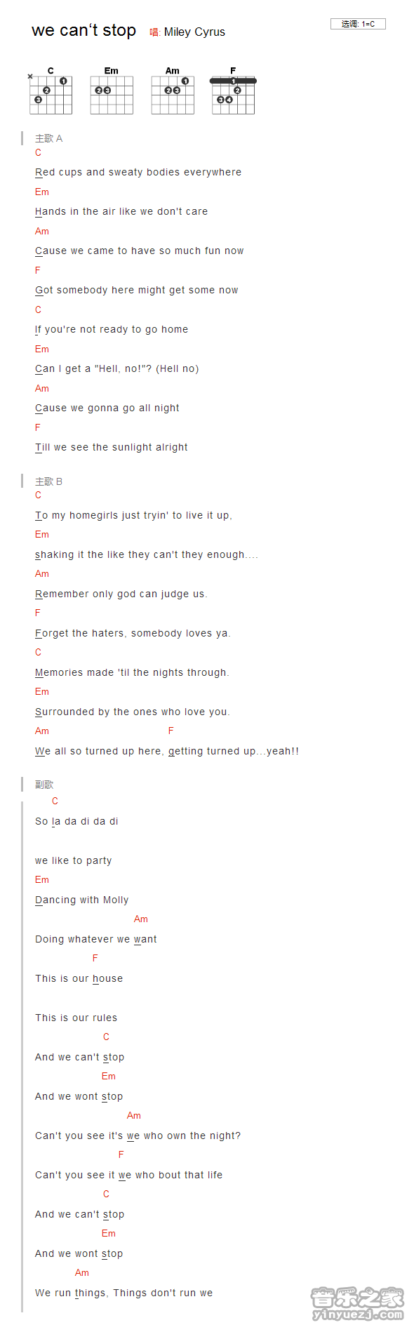 we can't stop吉他谱 C调和弦谱_音乐之家编配_Miley Cyrus