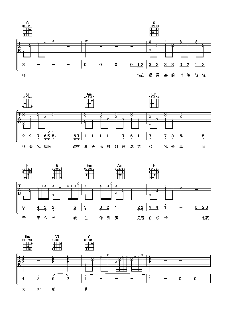 和你一样吉他谱 C调六线谱_阿潘音乐工场编配_李宇春