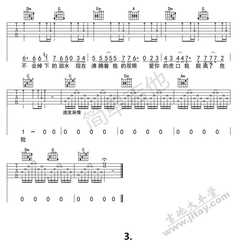 虎口脱险吉他谱 C调简单版_简单吉他编配_老狼