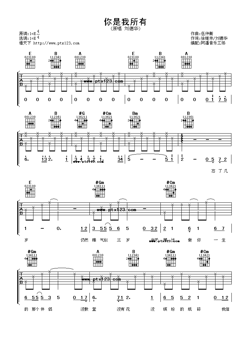 你是我所有吉他谱 E调六线谱_阿潘音乐工场编配_刘德华