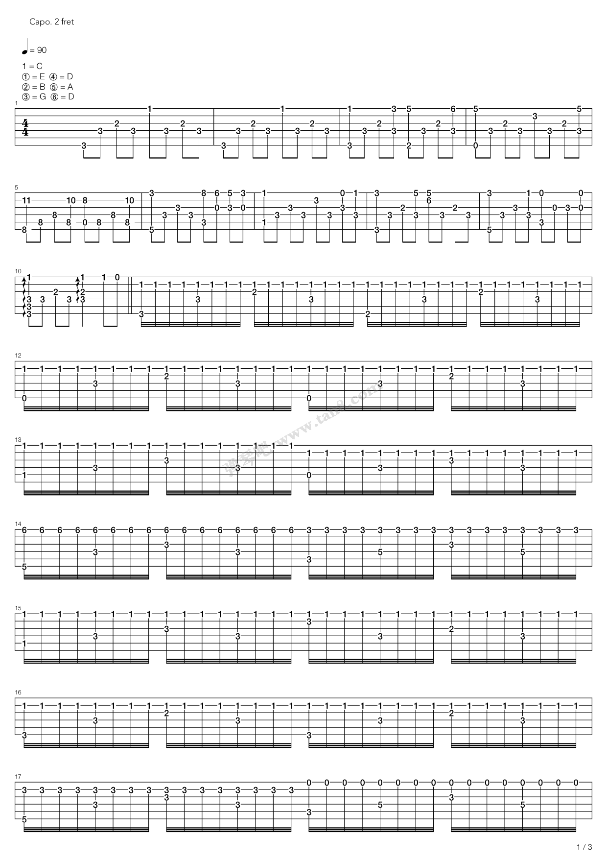 昔日友人吉他指弹谱 C调_弹琴吧编配_银魂