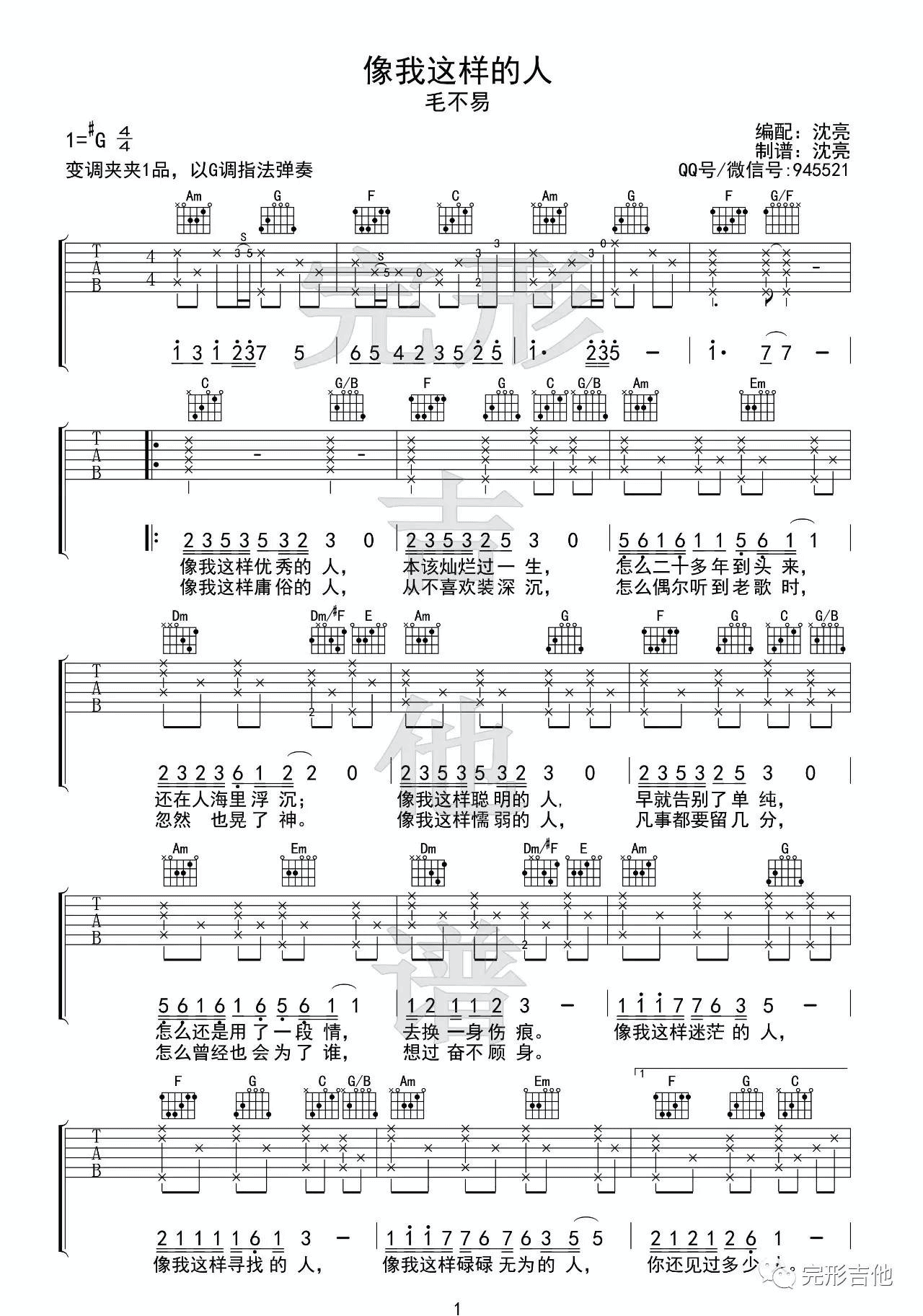 像我这样的人吉他谱 G调六线谱_完形吉他编配_毛不易