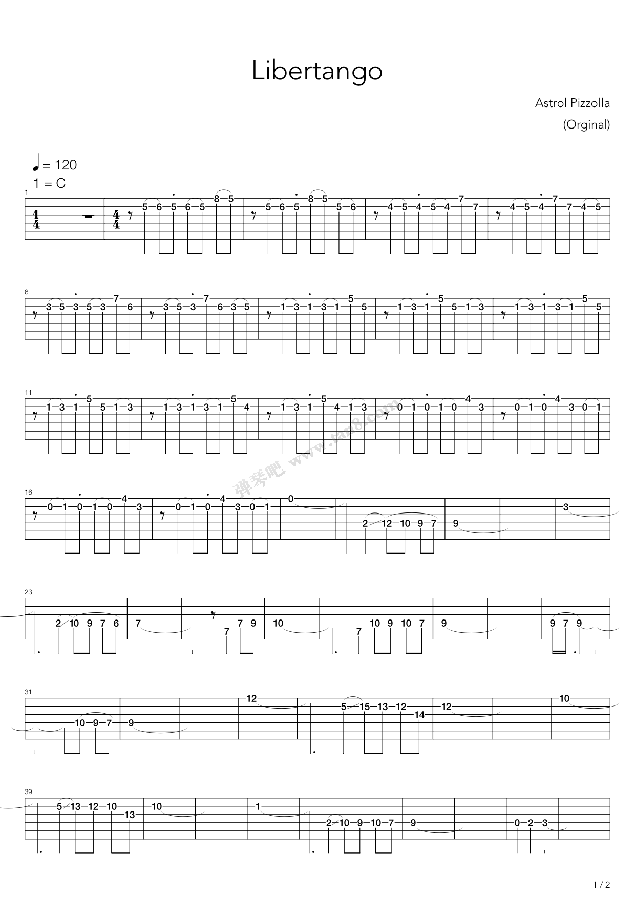 Libertango指弹谱 C调高清版_弹琴吧编配_astor piazzolla
