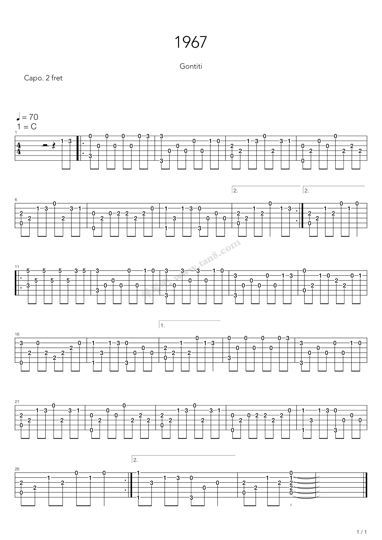 1967指弹谱 C调六线谱_弹琴吧编配_Gontiti