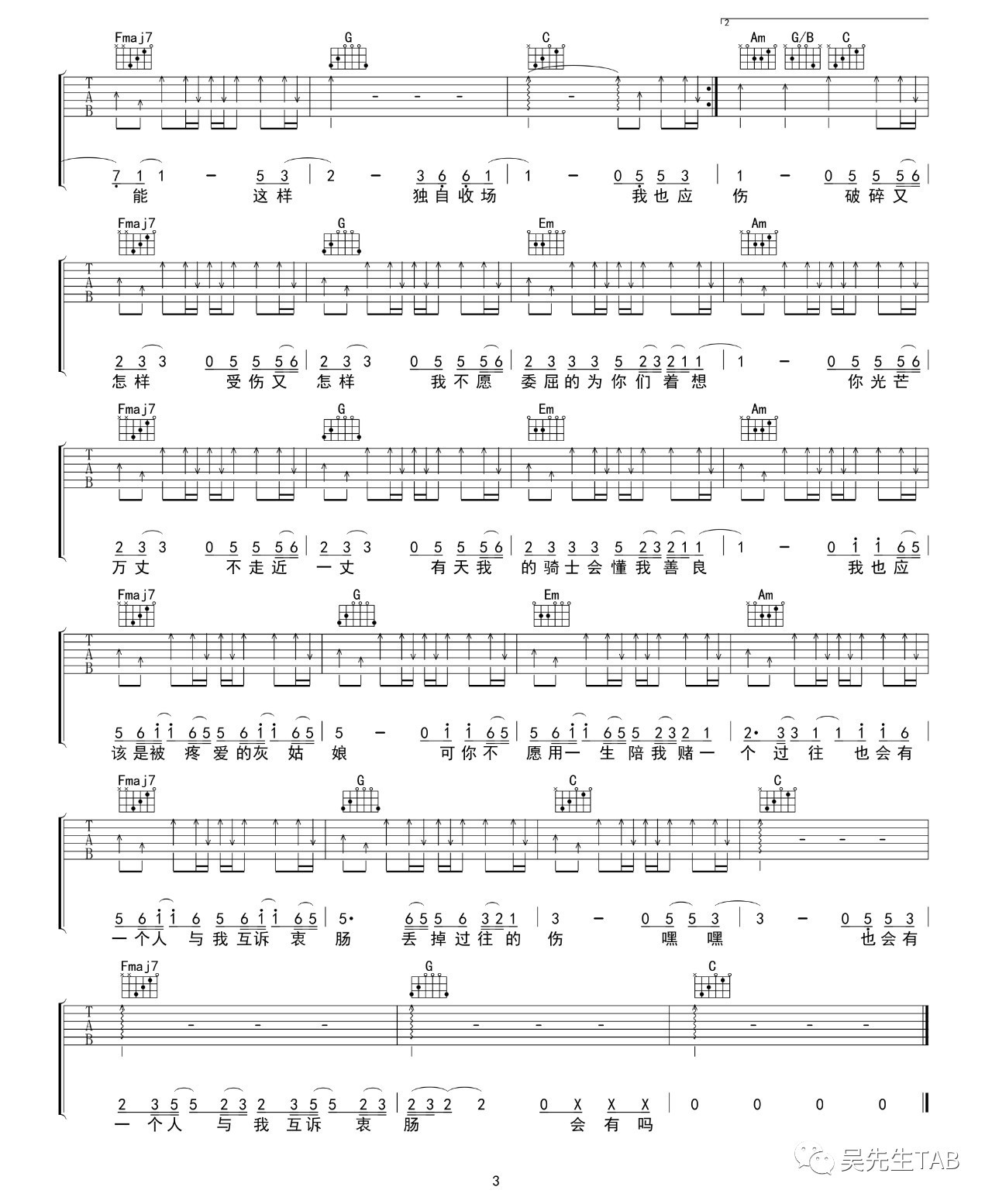 灰姑娘吉他谱 C调六线谱_吴先生编配_陈雪凝