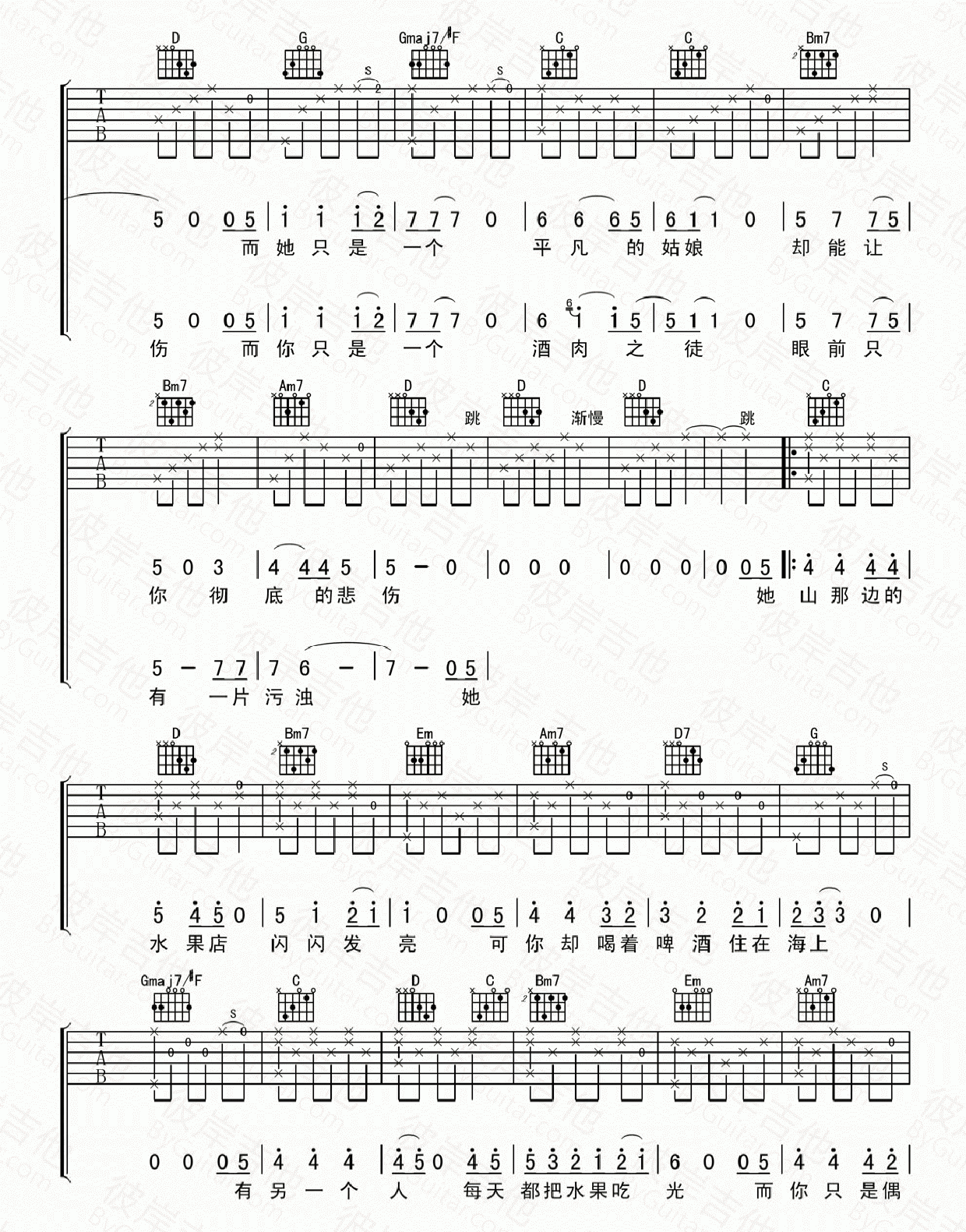 水果店的老板娘吉他谱 F调_彼岸吉他编配_宋冬野