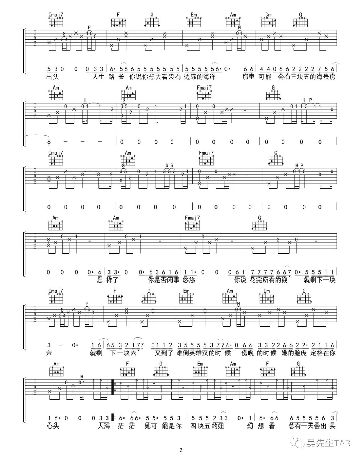四块五吉他谱 C调_吴先生编配_隔壁老樊