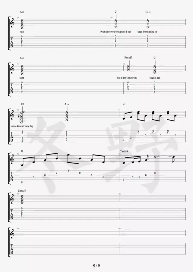 Free Loop吉他谱 原调六线谱_冬野吉他编配_Daniel Powter