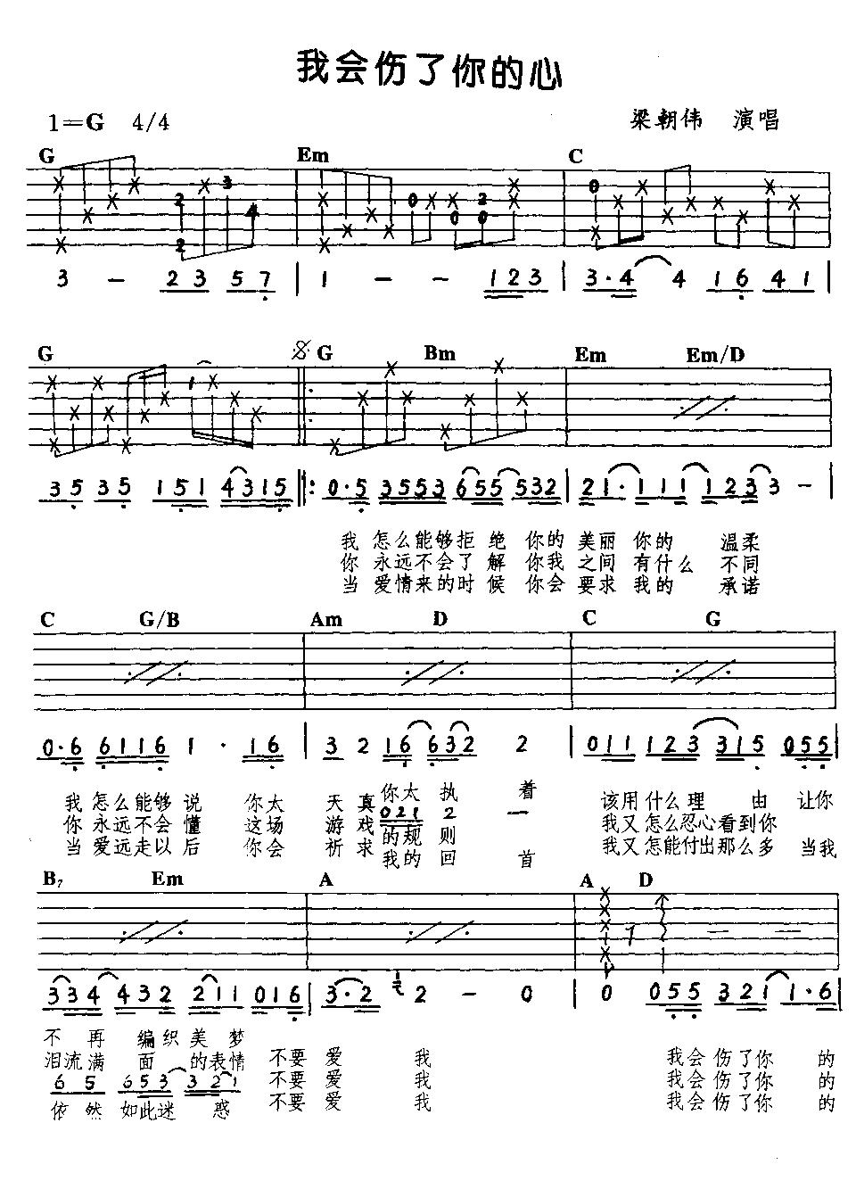 我会伤了你的心吉他谱 G调六线谱_简单版_梁朝伟