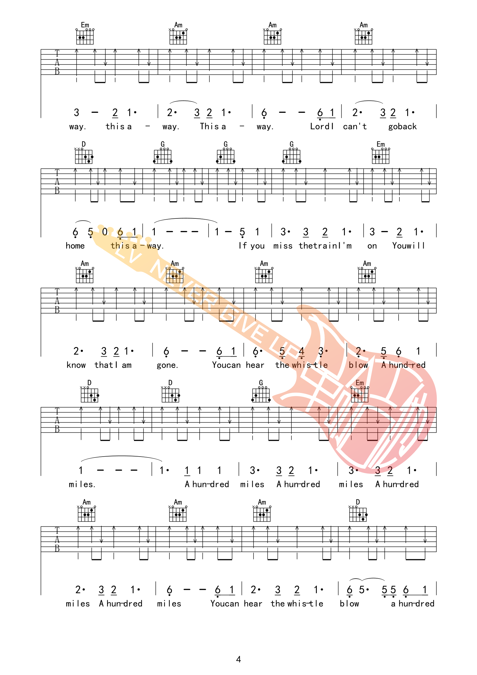 Five hundred miles吉他谱500里G调原版 革命吉他编配