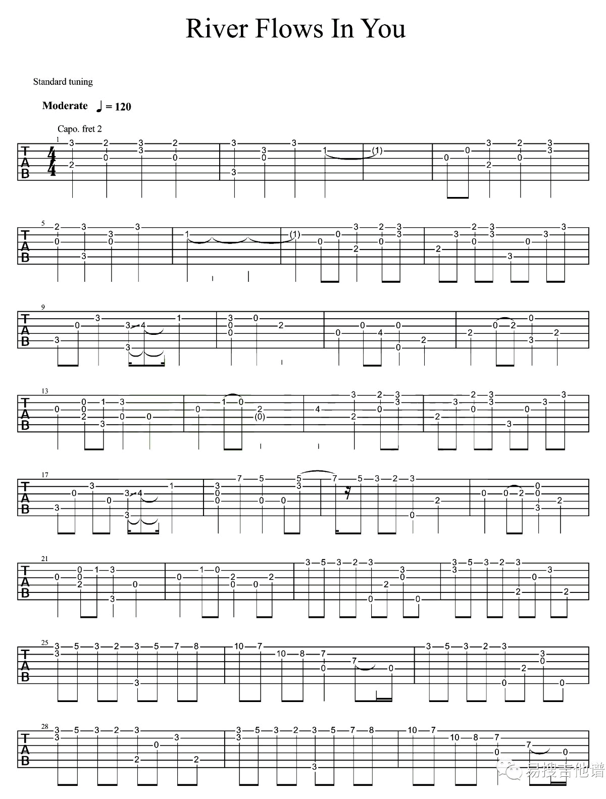 你的心河指弹谱 原调六线谱_高清版_陈嘉盈